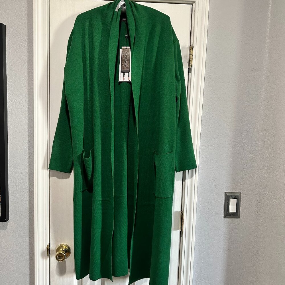 NEW Max Sport Emerald Green Long Double Knit Collar Cardigan Pocket Sweater - L